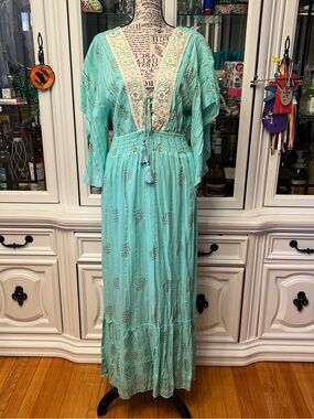 Omango Boho Maxi Dress Aqua Green Gold Accents, Embroidered Trim L